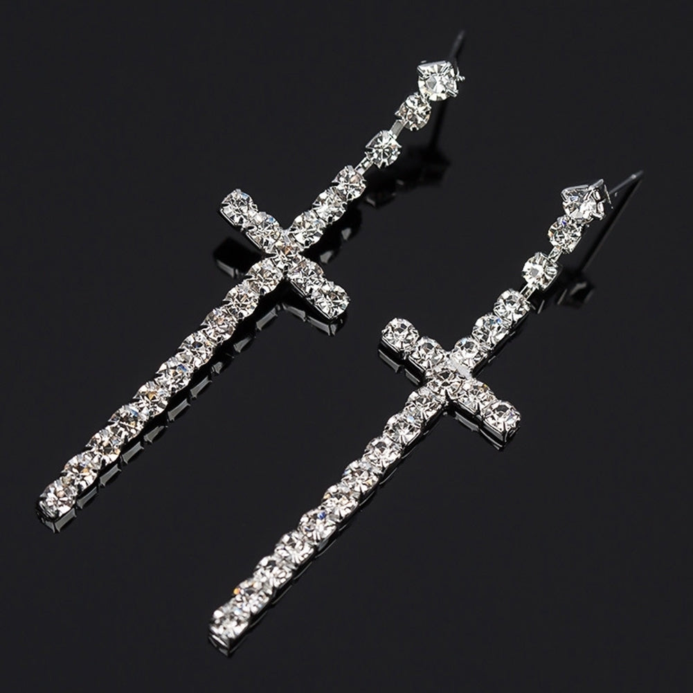 Womens Rhinestone Cross Pendant Single Double Rows Dangle Eardrop Stud Earrings Image 4