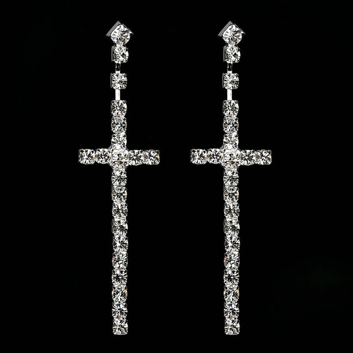 Womens Rhinestone Cross Pendant Single Double Rows Dangle Eardrop Stud Earrings Image 6