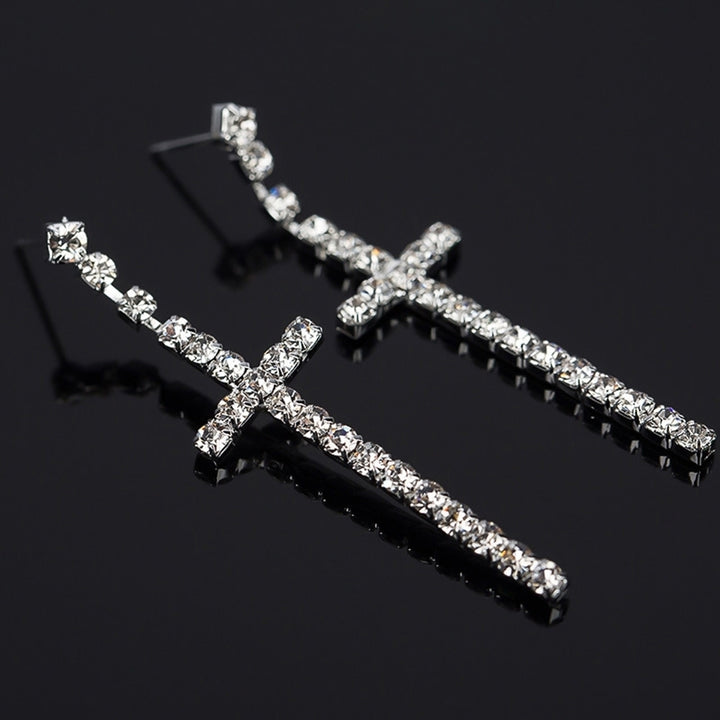 Womens Rhinestone Cross Pendant Single Double Rows Dangle Eardrop Stud Earrings Image 7