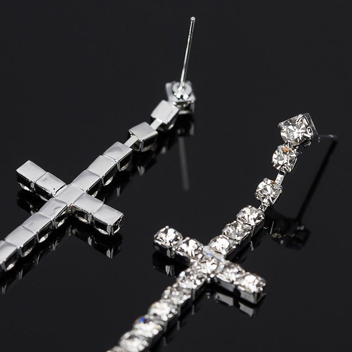 Womens Rhinestone Cross Pendant Single Double Rows Dangle Eardrop Stud Earrings Image 8