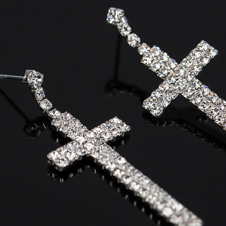 Womens Rhinestone Cross Pendant Single Double Rows Dangle Eardrop Stud Earrings Image 9