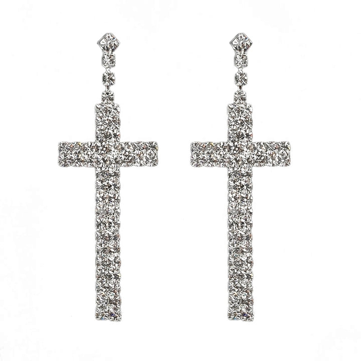 Womens Rhinestone Cross Pendant Single Double Rows Dangle Eardrop Stud Earrings Image 10