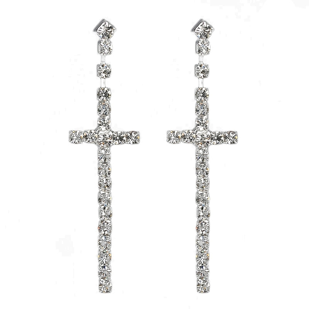 Womens Rhinestone Cross Pendant Single Double Rows Dangle Eardrop Stud Earrings Image 11