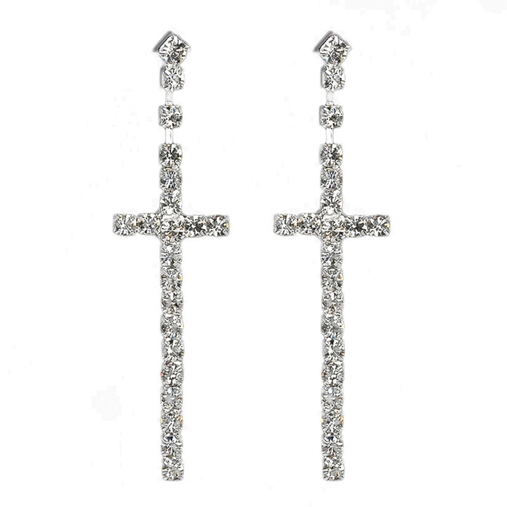 Womens Rhinestone Cross Pendant Single Double Rows Dangle Eardrop Stud Earrings Image 11