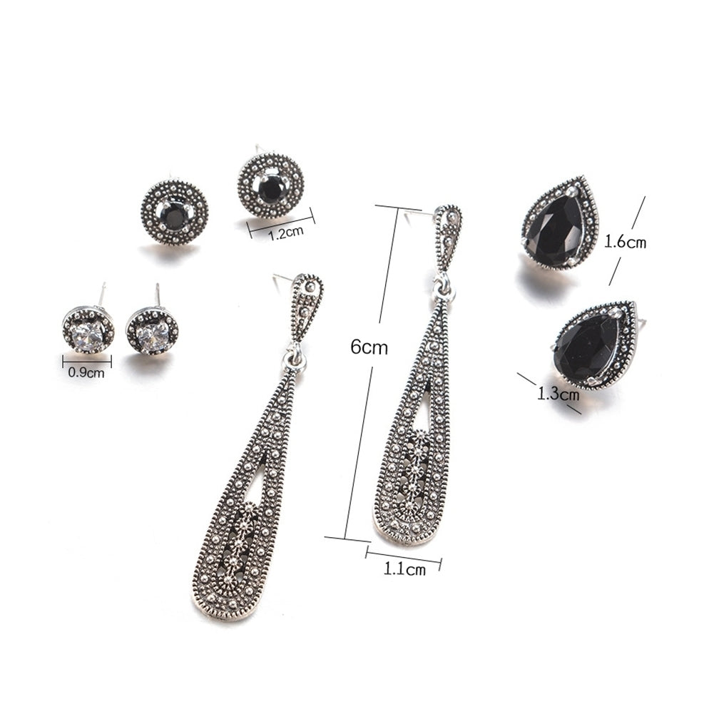 4Pair Antique Teardrop Round Rhinestone Carved Dangle Stud Earrings Jewelry Gift Image 8