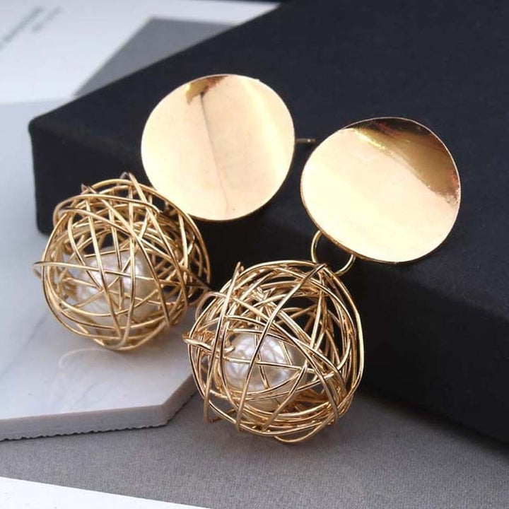 Women Fashion Geometric Woven Hollow Ball Faux Pearl Drop Earrings Jewelry Gifts Image 1