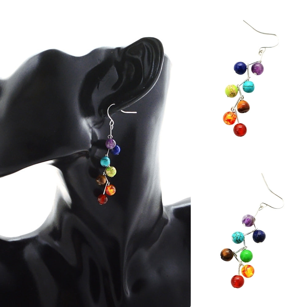 Women Fashion Yoga 7 Chakra Stone Colorful Beads Drop Hook Earrings Jewelry Image 1