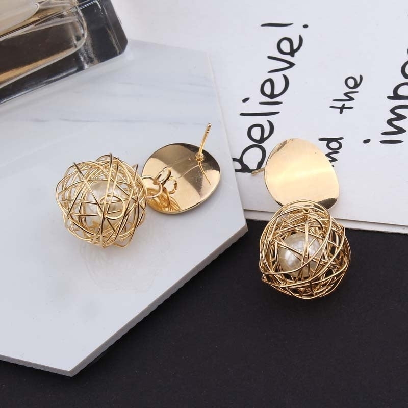 Women Fashion Geometric Woven Hollow Ball Faux Pearl Drop Earrings Jewelry Gifts Image 2