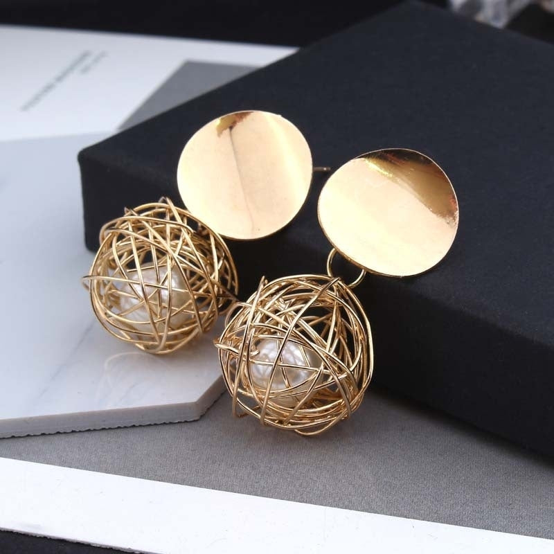 Women Fashion Geometric Woven Hollow Ball Faux Pearl Drop Earrings Jewelry Gifts Image 3