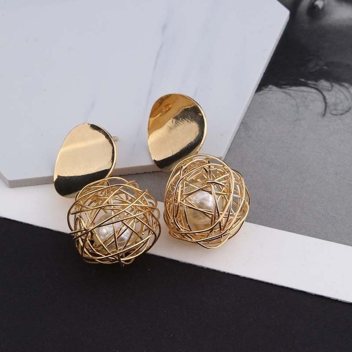 Women Fashion Geometric Woven Hollow Ball Faux Pearl Drop Earrings Jewelry Gifts Image 4