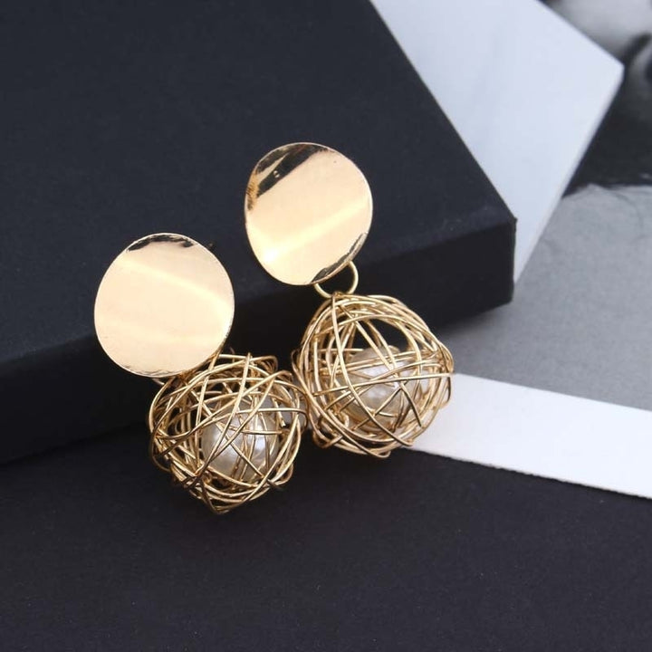 Women Fashion Geometric Woven Hollow Ball Faux Pearl Drop Earrings Jewelry Gifts Image 4