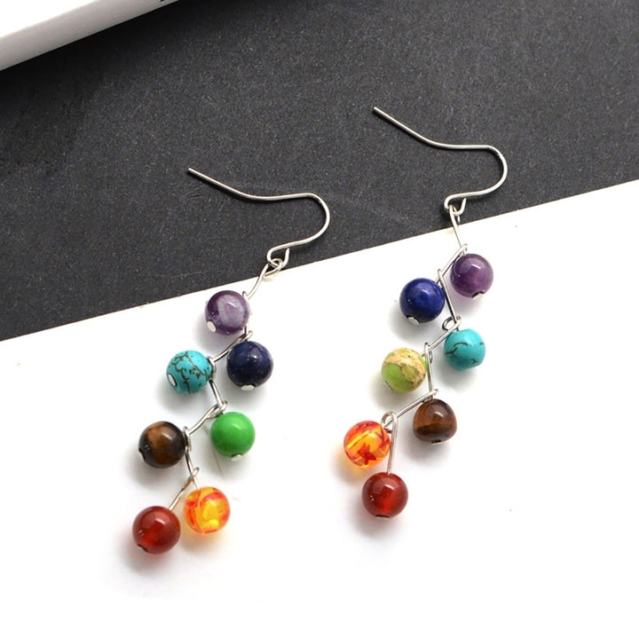 Women Fashion Yoga 7 Chakra Stone Colorful Beads Drop Hook Earrings Jewelry Image 4