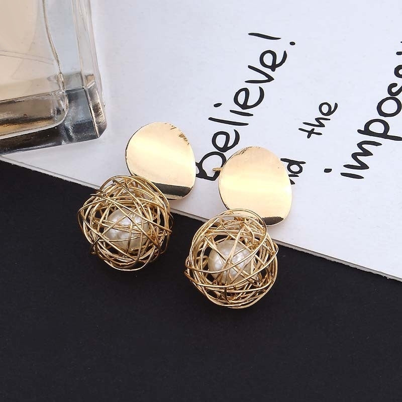 Women Fashion Geometric Woven Hollow Ball Faux Pearl Drop Earrings Jewelry Gifts Image 6