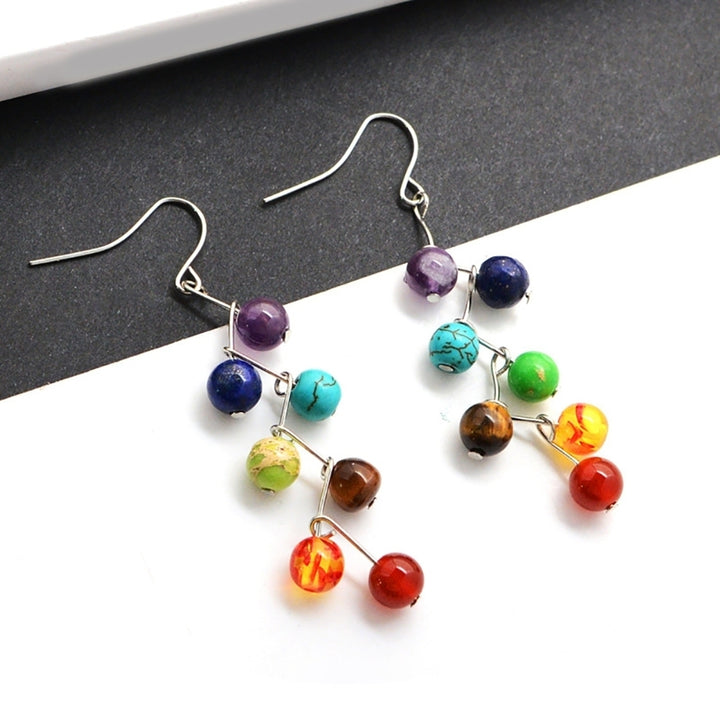 Women Fashion Yoga 7 Chakra Stone Colorful Beads Drop Hook Earrings Jewelry Image 4