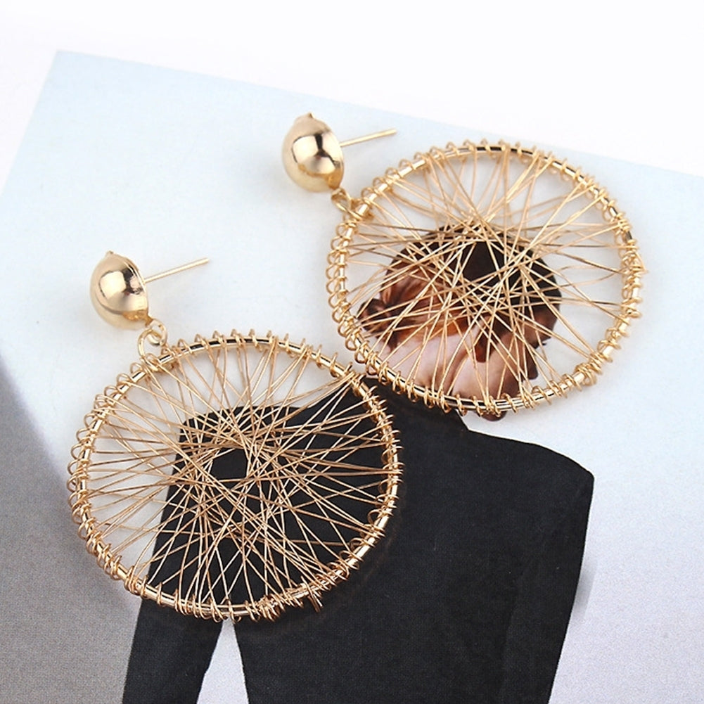 Women Fashion Geometric Circle Winding Thread Net Dangle Drop Earrings Jewelry Image 2