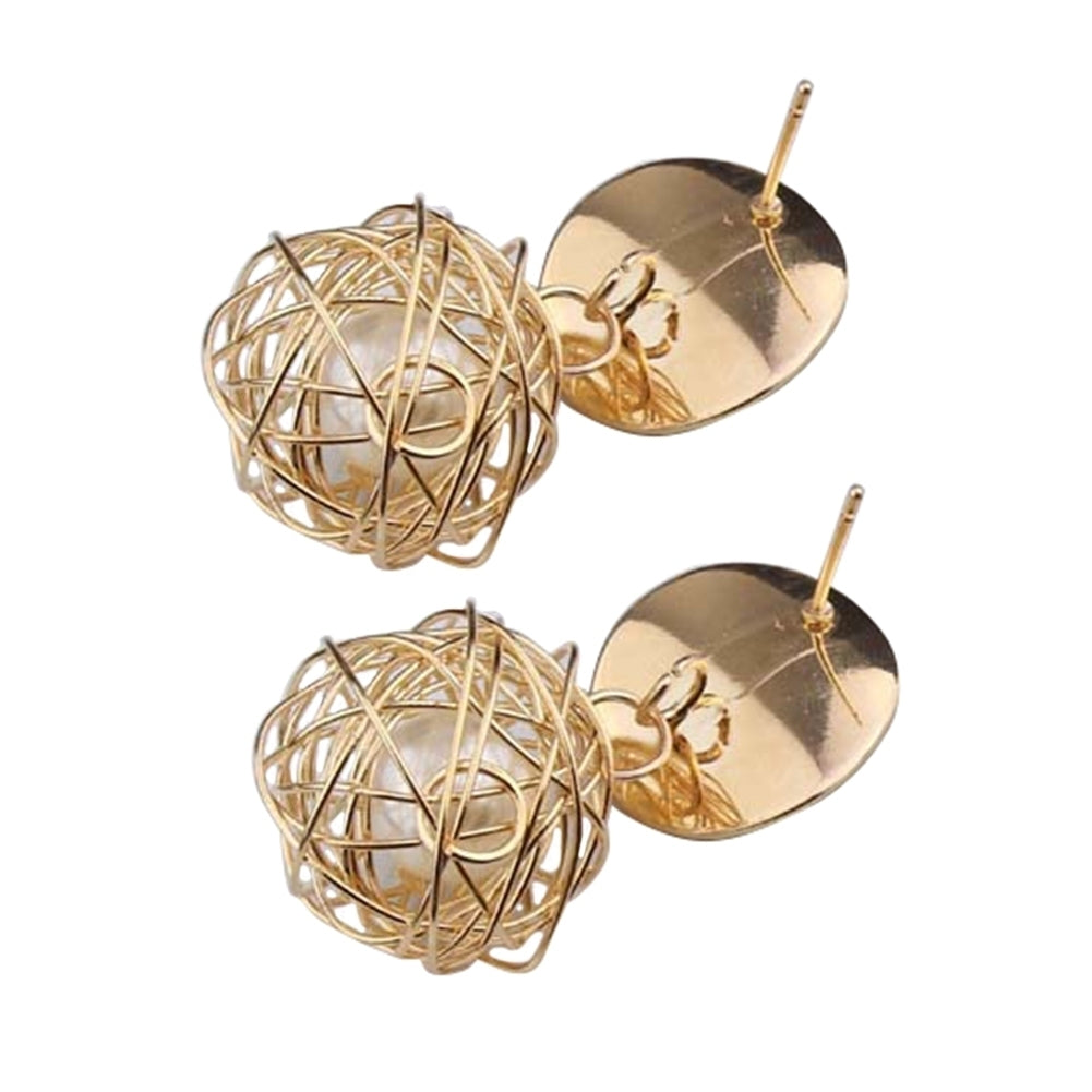 Women Fashion Geometric Woven Hollow Ball Faux Pearl Drop Earrings Jewelry Gifts Image 7