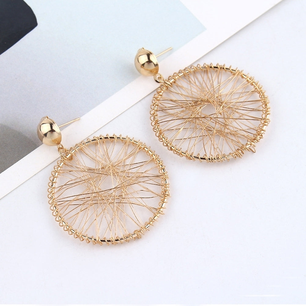 Women Fashion Geometric Circle Winding Thread Net Dangle Drop Earrings Jewelry Image 3