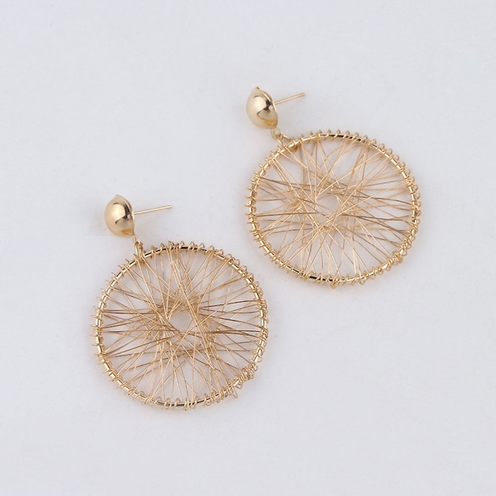 Women Fashion Geometric Circle Winding Thread Net Dangle Drop Earrings Jewelry Image 4