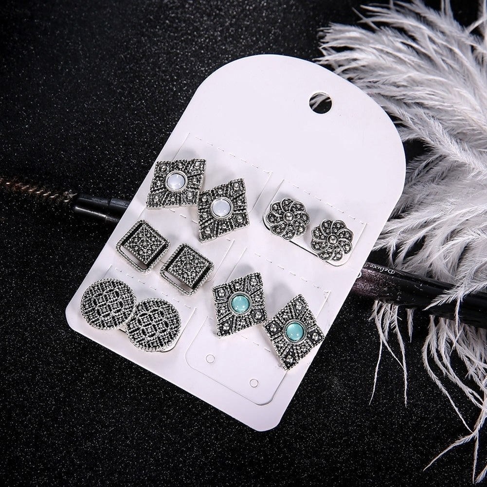 5 Pairs Bohemia Hollowed Geometric Rhinestone Earrings Women Jewelry Ear Studs Image 4