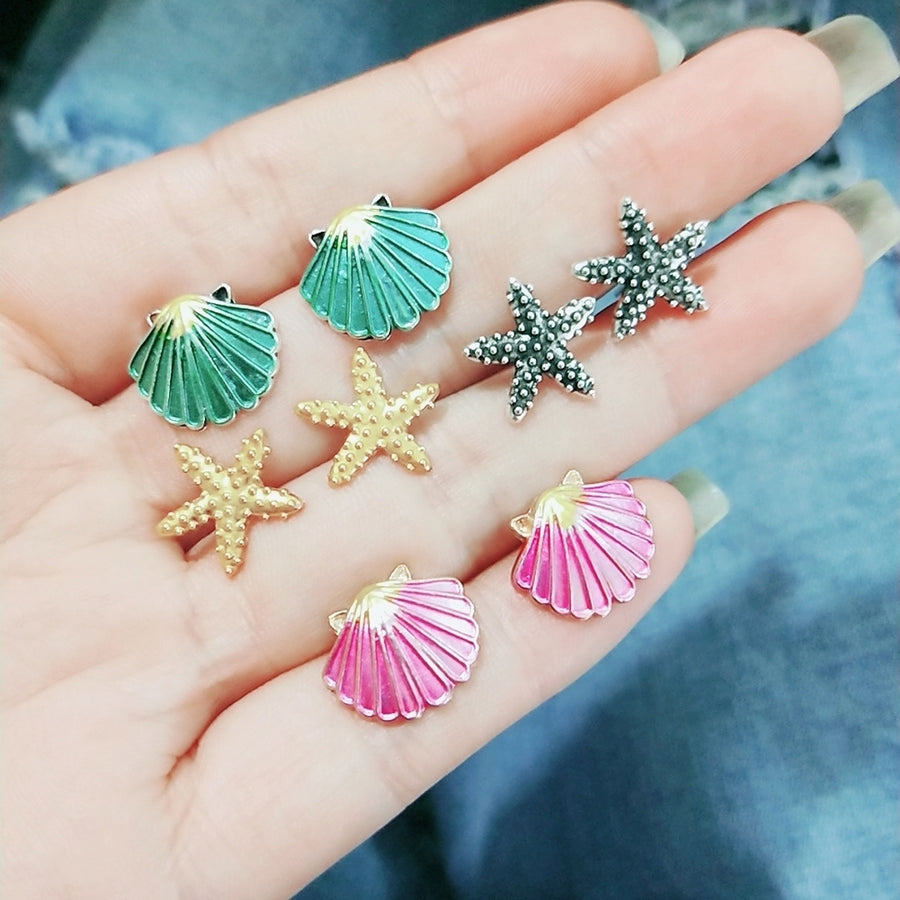 4 Pairs Boho Women Starfish Shell Stud Earrings Set Summer Jewelry Accessories Image 1