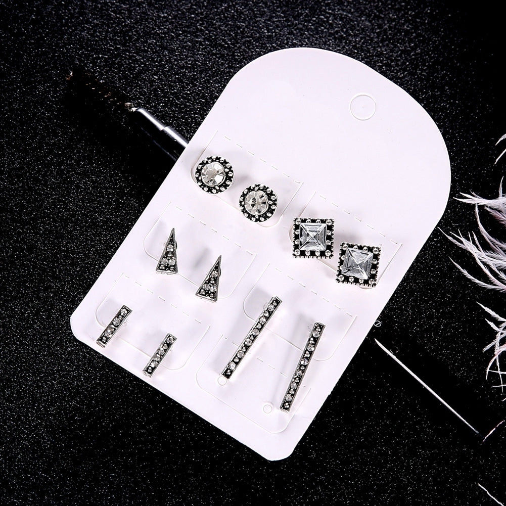 5Pairs Boho Women Rhinestone Square Round Rectangle Triangle Stud Earrings Set Image 3