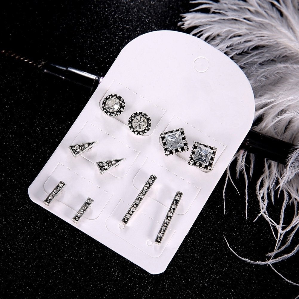 5Pairs Boho Women Rhinestone Square Round Rectangle Triangle Stud Earrings Set Image 4