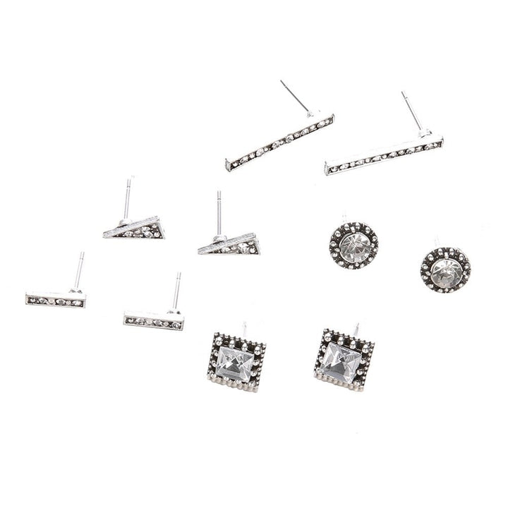 5Pairs Boho Women Rhinestone Square Round Rectangle Triangle Stud Earrings Set Image 7