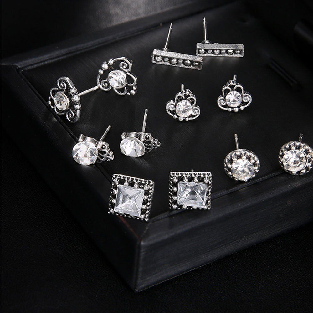 6 Pair Mixed Women Bohemia Square Round Crown Rhinestones Ear Studs Earrings Image 2