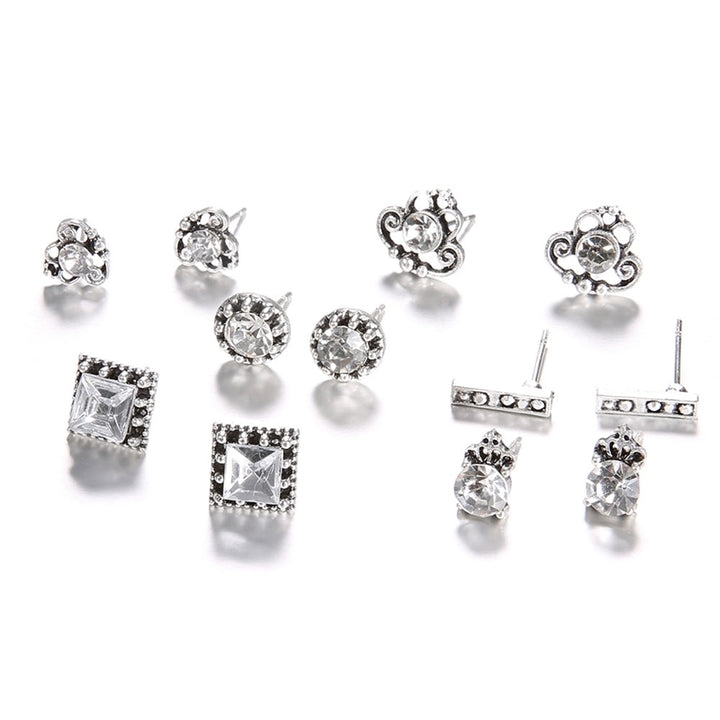 6 Pair Mixed Women Bohemia Square Round Crown Rhinestones Ear Studs Earrings Image 3