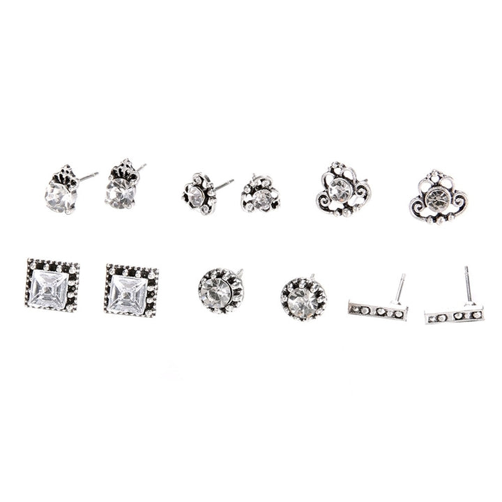 6 Pair Mixed Women Bohemia Square Round Crown Rhinestones Ear Studs Earrings Image 4