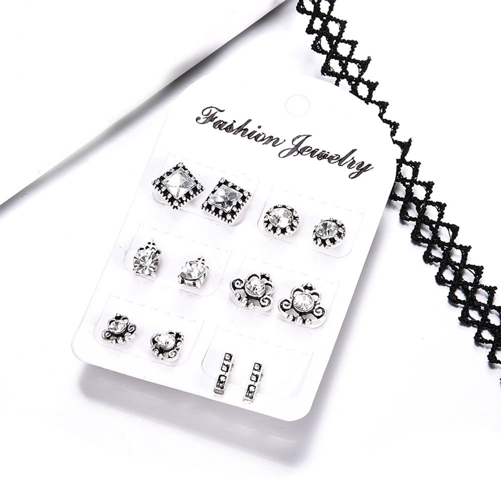 6 Pair Mixed Women Bohemia Square Round Crown Rhinestones Ear Studs Earrings Image 4