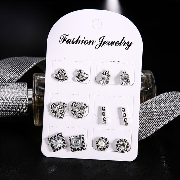 6 Pair Mixed Women Bohemia Square Round Crown Rhinestones Ear Studs Earrings Image 6