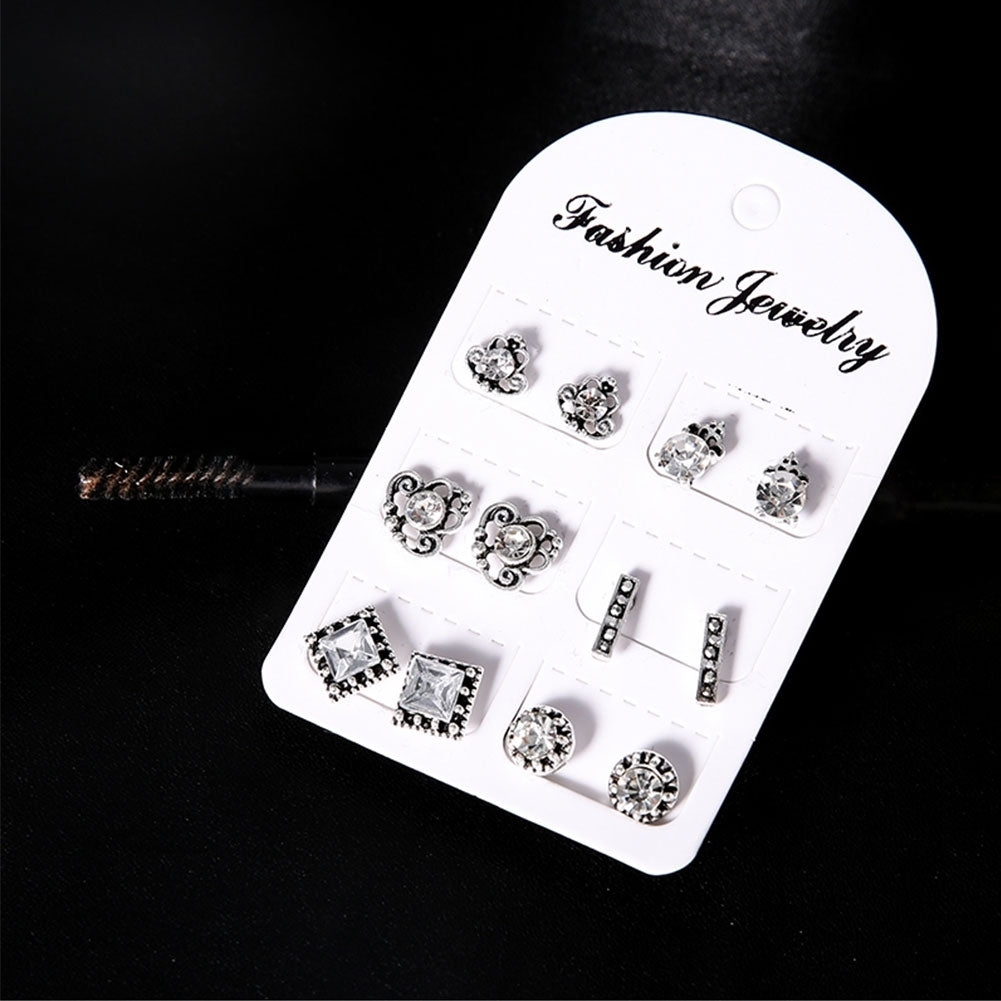 6 Pair Mixed Women Bohemia Square Round Crown Rhinestones Ear Studs Earrings Image 7