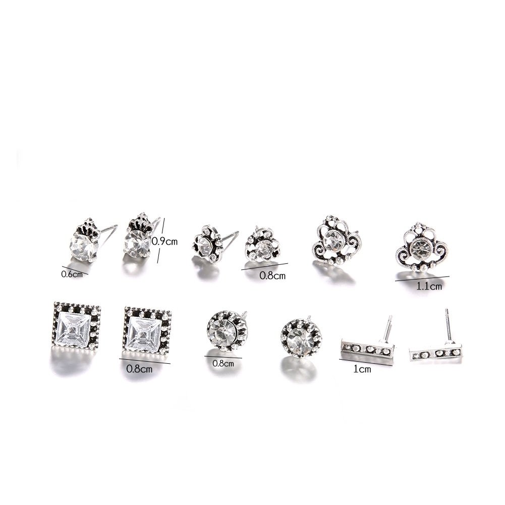 6 Pair Mixed Women Bohemia Square Round Crown Rhinestones Ear Studs Earrings Image 8