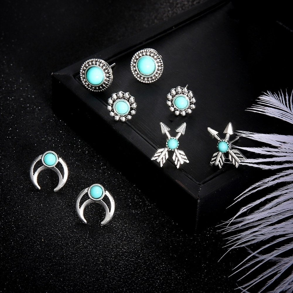 4Pairs Girls Women Flower Arrow Ear Studs Set Faux Turquoise Jewelry Earrings Image 2