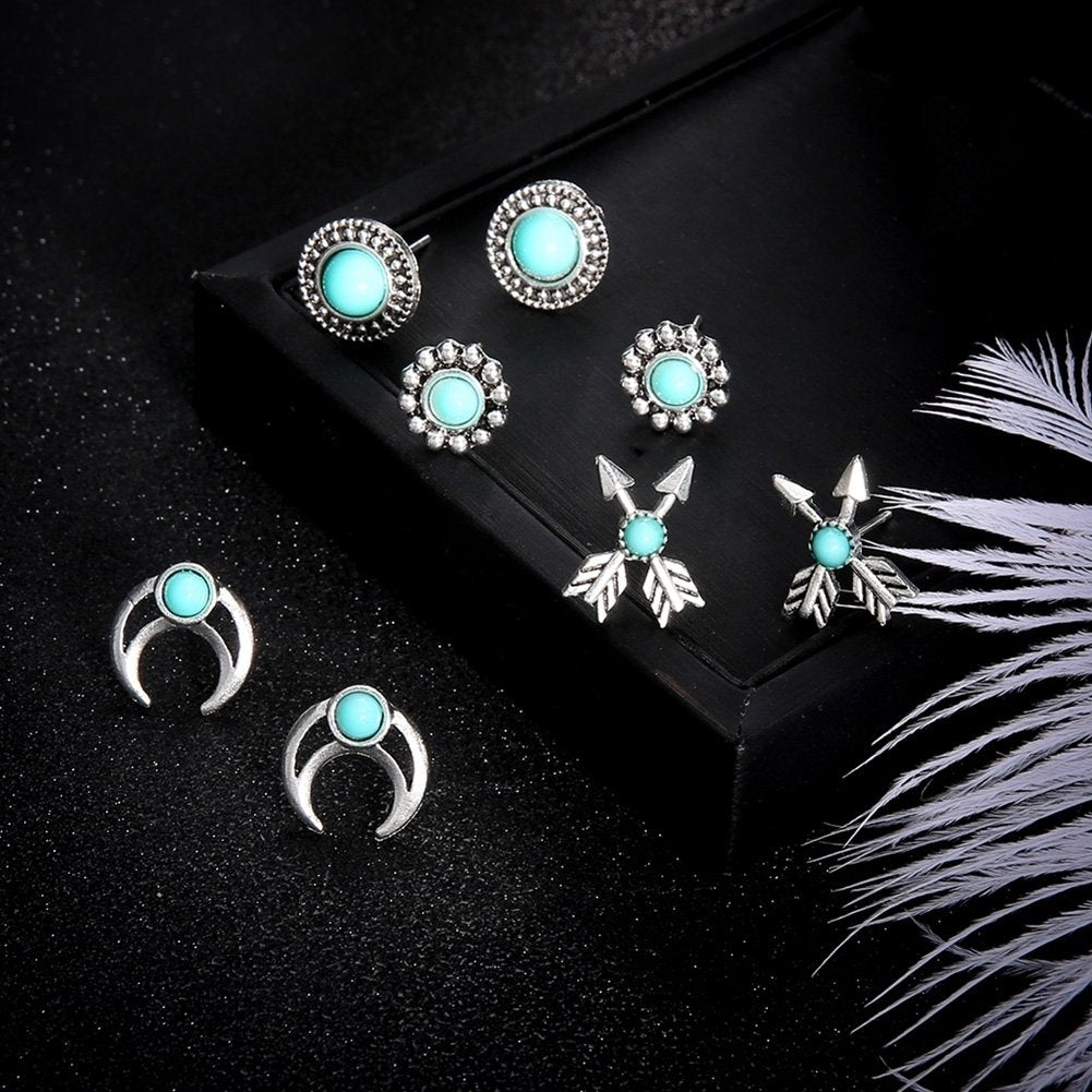 4Pairs Girls Women Flower Arrow Ear Studs Set Faux Turquoise Jewelry Earrings Image 2