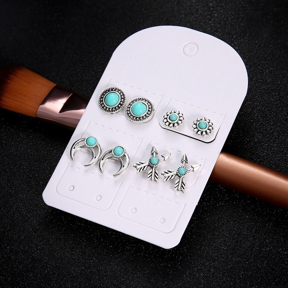 4Pairs Girls Women Flower Arrow Ear Studs Set Faux Turquoise Jewelry Earrings Image 3