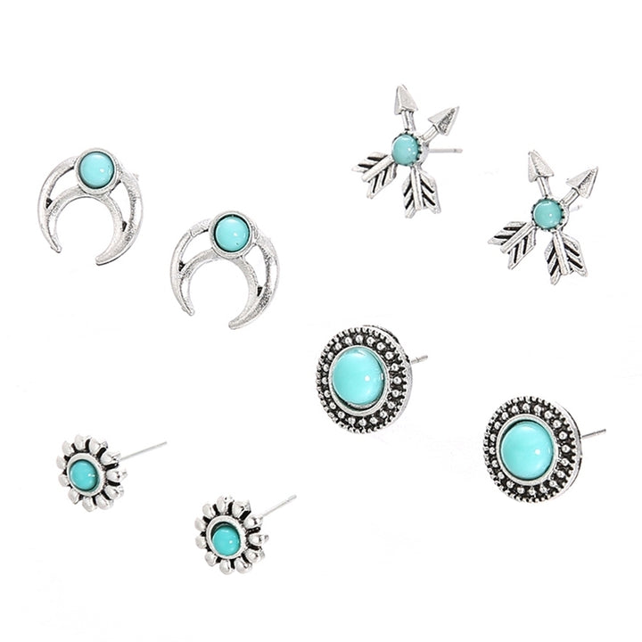 4Pairs Girls Women Flower Arrow Ear Studs Set Faux Turquoise Jewelry Earrings Image 4