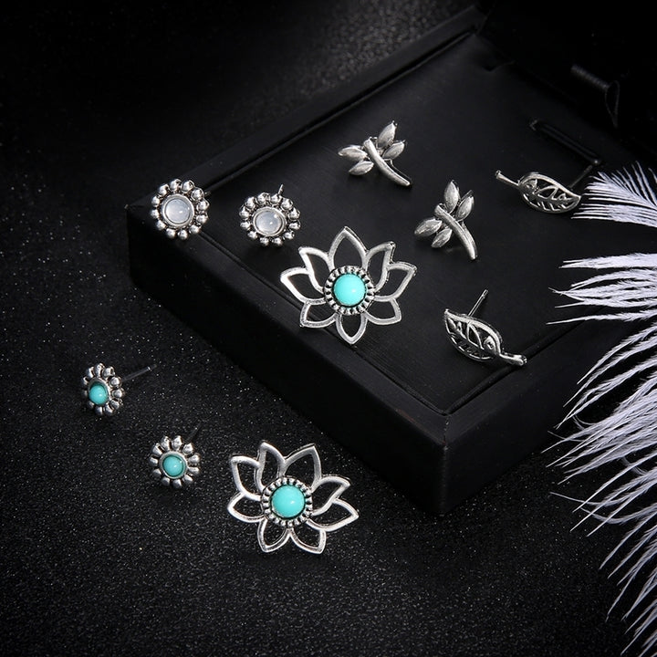 5Pairs Ear Studs Set Dragonfly Hollow Leaf Flower Girls Date Party Earrings Image 2