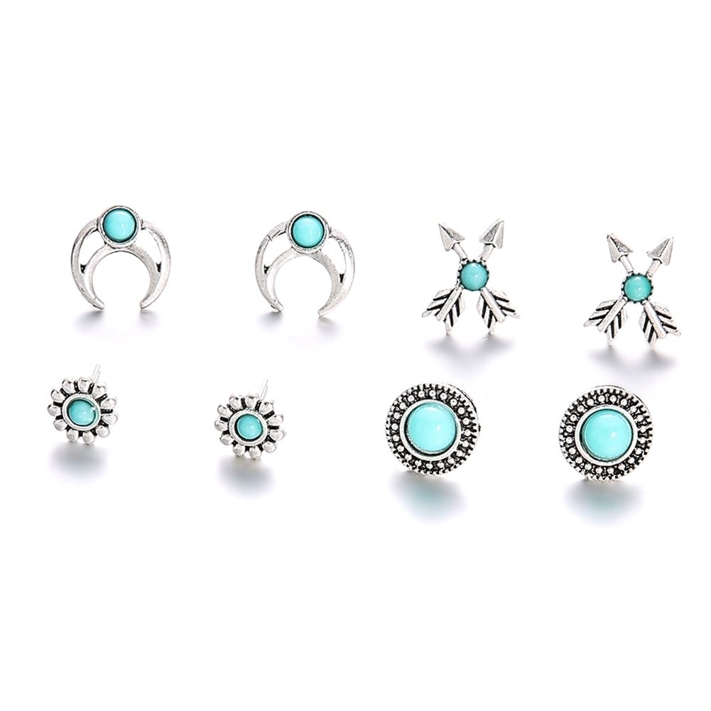 4Pairs Girls Women Flower Arrow Ear Studs Set Faux Turquoise Jewelry Earrings Image 6