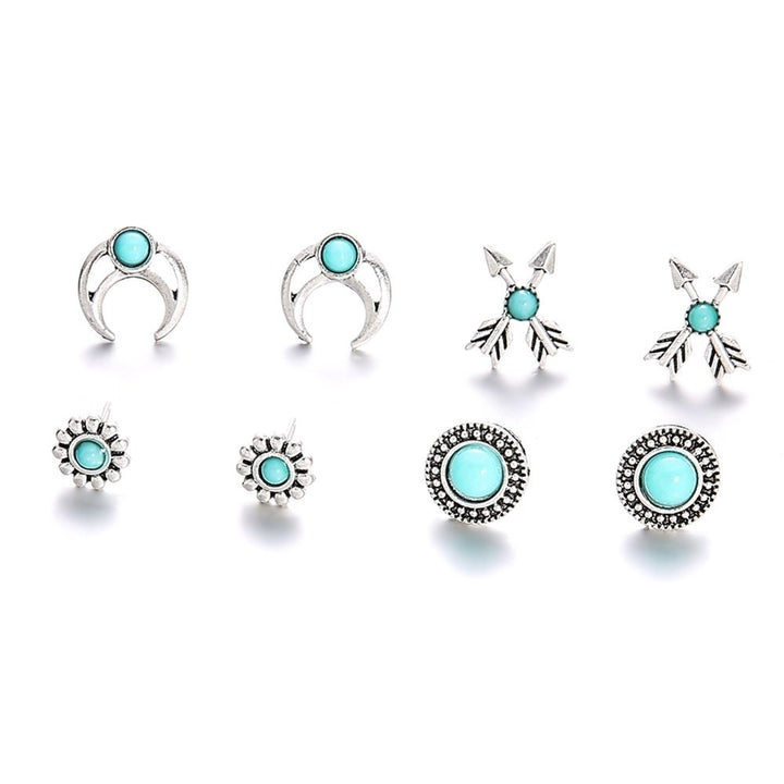 4Pairs Girls Women Flower Arrow Ear Studs Set Faux Turquoise Jewelry Earrings Image 6