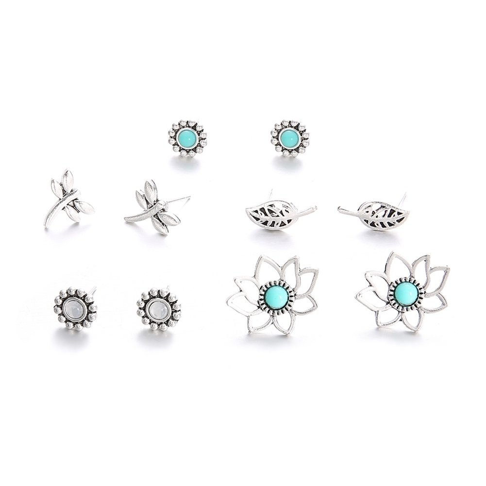 5Pairs Ear Studs Set Dragonfly Hollow Leaf Flower Girls Date Party Earrings Image 4