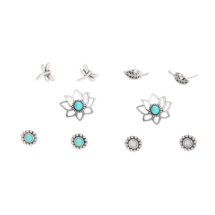 5Pairs Ear Studs Set Dragonfly Hollow Leaf Flower Girls Date Party Earrings Image 6