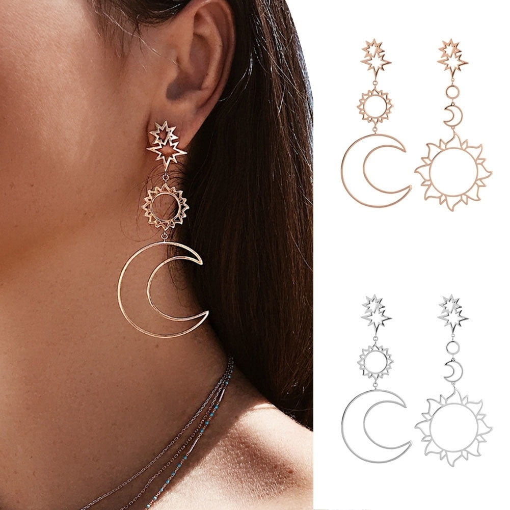 Women Fashion Boho Asymmetrical Hollow Star Sun Moon Drop Dangle Earring Jewelry Image 1