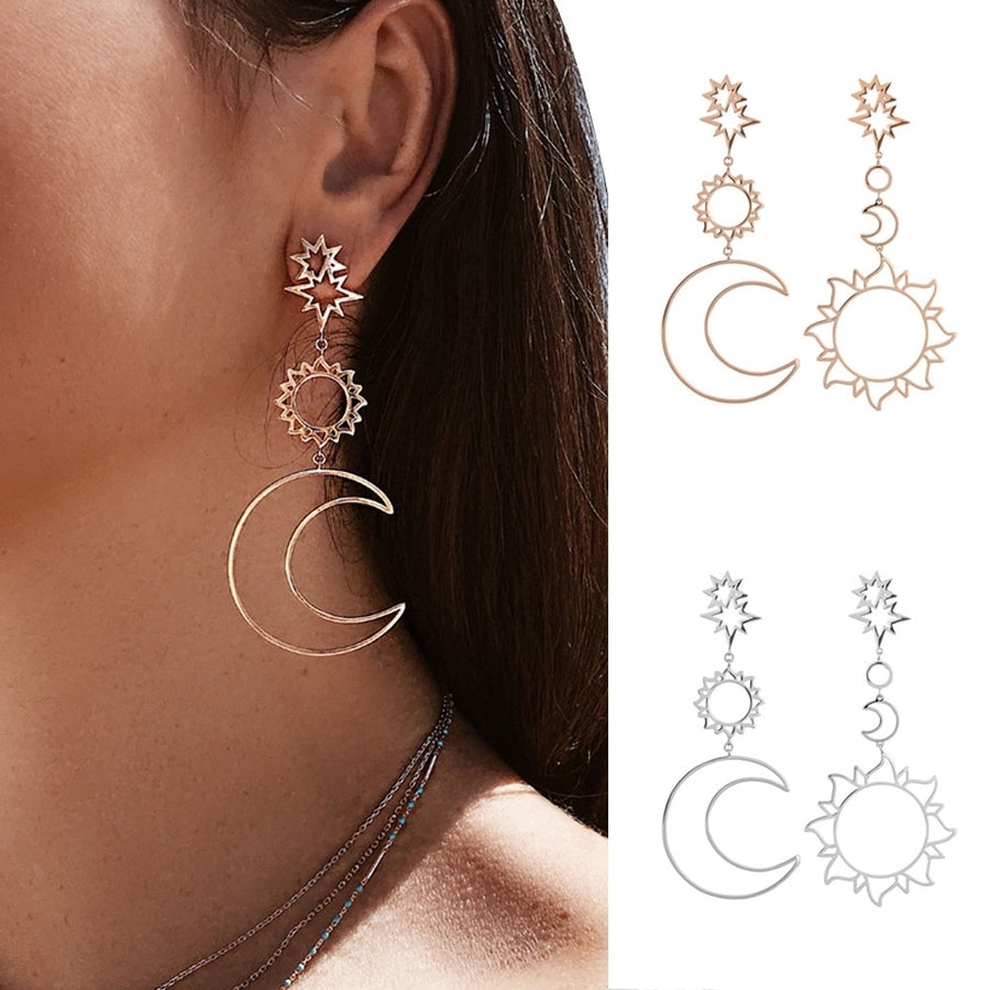 Women Fashion Boho Asymmetrical Hollow Star Sun Moon Drop Dangle Earring Jewelry Image 1