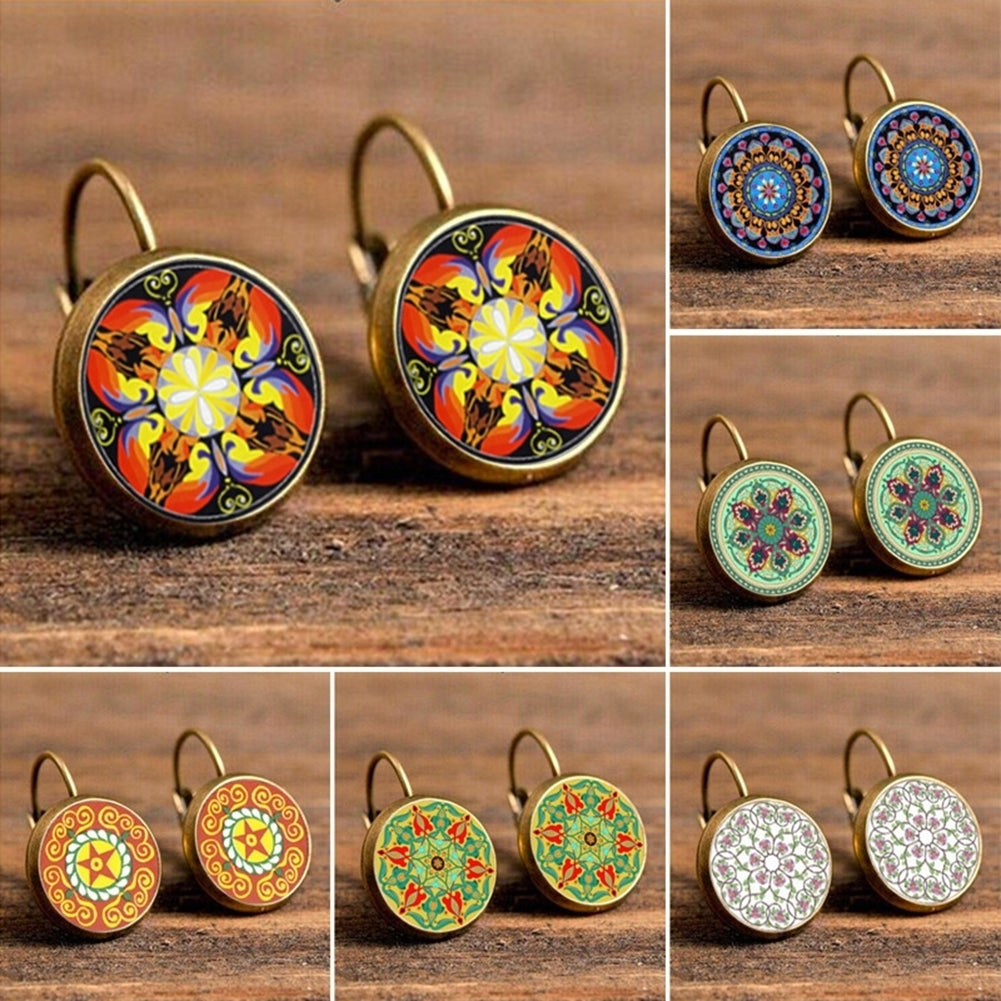 Multicolor Mandala Flower Circle Faux Gem Ear Studs Women Leaverback Earrings Image 1