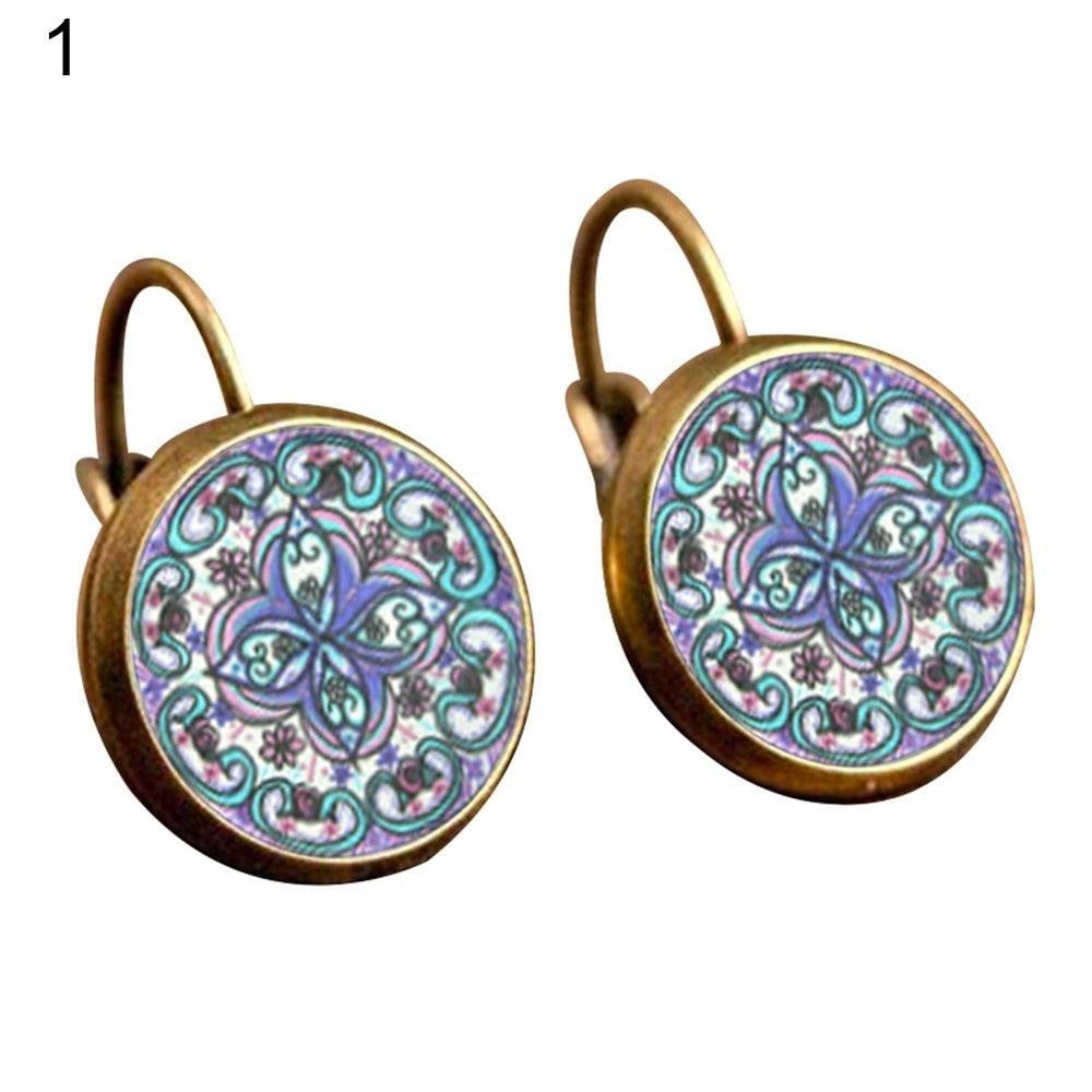 Retro Mandala Flower Round Bronze Ear Clips Girls Women Leaverback Earrings Image 2