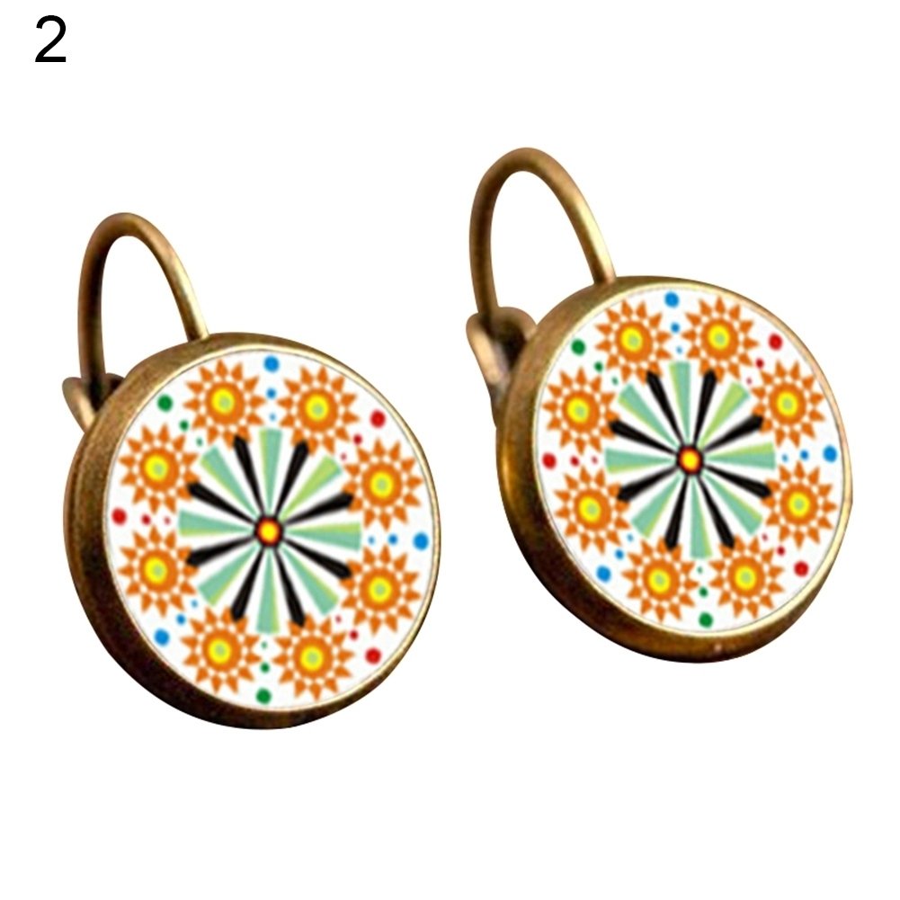 Retro Mandala Flower Round Bronze Ear Clips Girls Women Leaverback Earrings Image 4