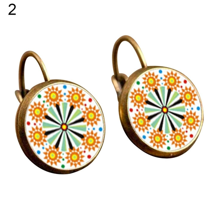 Retro Mandala Flower Round Bronze Ear Clips Girls Women Leaverback Earrings Image 1