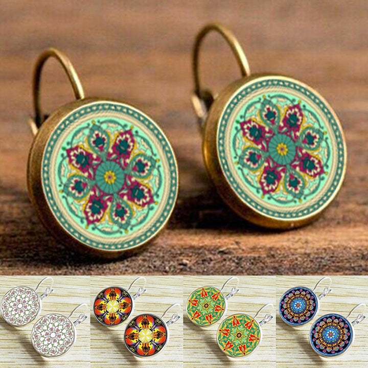Multicolor Mandala Flower Circle Faux Gem Ear Studs Women Leaverback Earrings Image 4